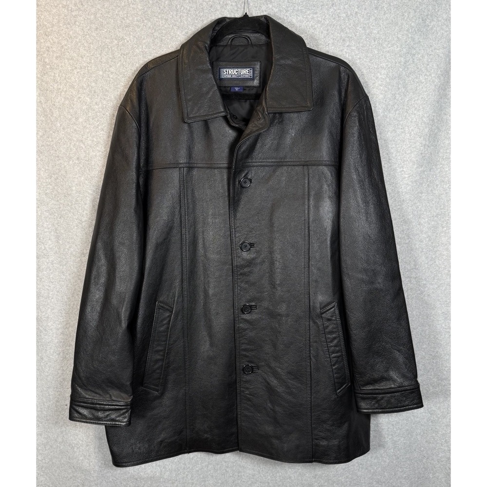 Structure Leather Jacket Mens XL Vintage Black Thick 90s Button Up‎